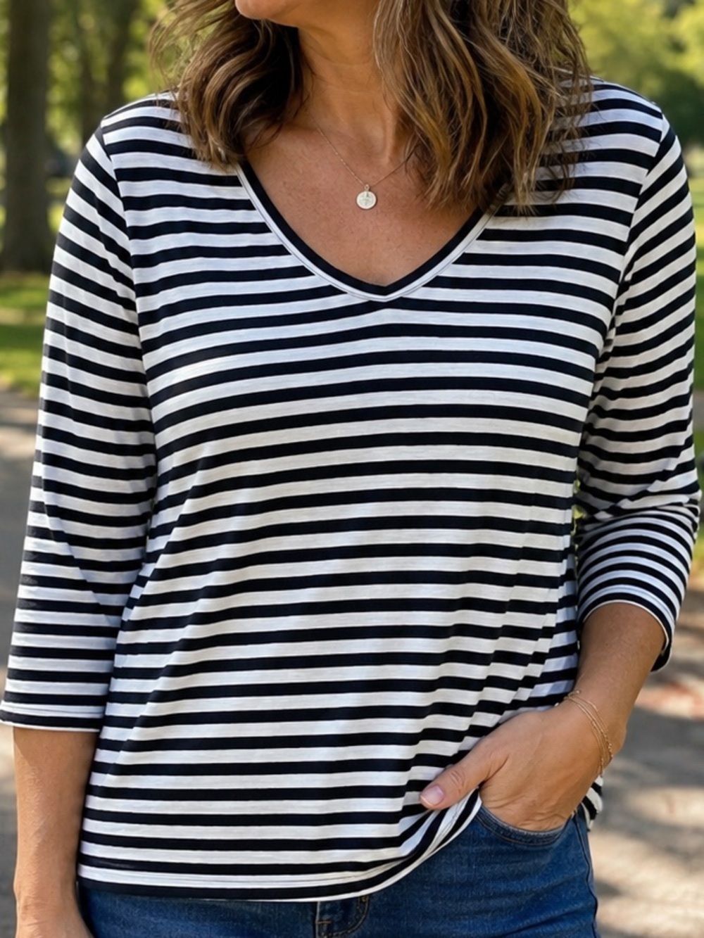 Chico's Black & White Striped V-Neck Top 3/4 sleeve SZ 1